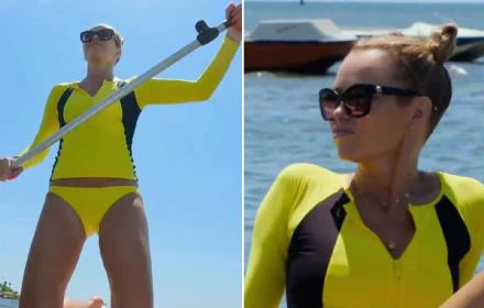 Amanda Holden looks incredible in yellow swimwear as she paddleboards in Sicily on Italian Job show