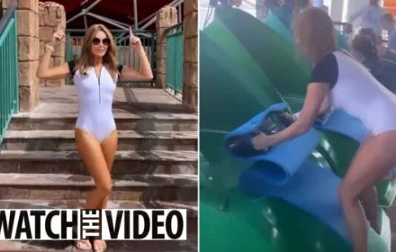Amanda Holden looks stunning in a white wetsuit in Dubai as she braves an enormous water slide