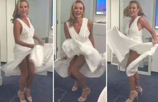 Amanda Holden shows off  her racy side as she playfully lifts up her skirt to reveal nude underwear