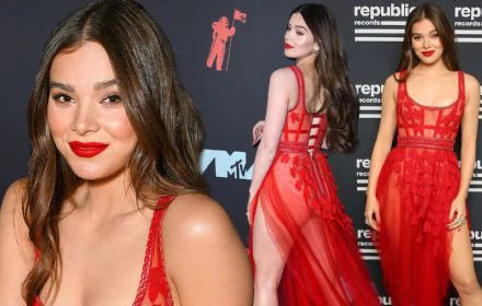 Hailee Steinfeld sets pulses racing in a semi-sheer red corset gown as she lets loose at the VMAs after-party