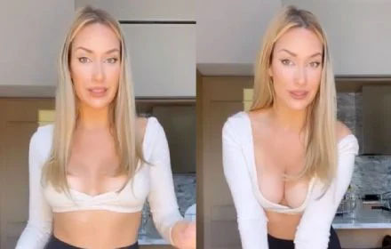 Paige Spiranac's top hangs on for dear life as she tells fans 'keep gripping it'