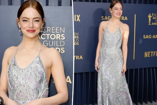 Emma Stone Shines in Silver Beaded Gown at 2024 SAG Awards